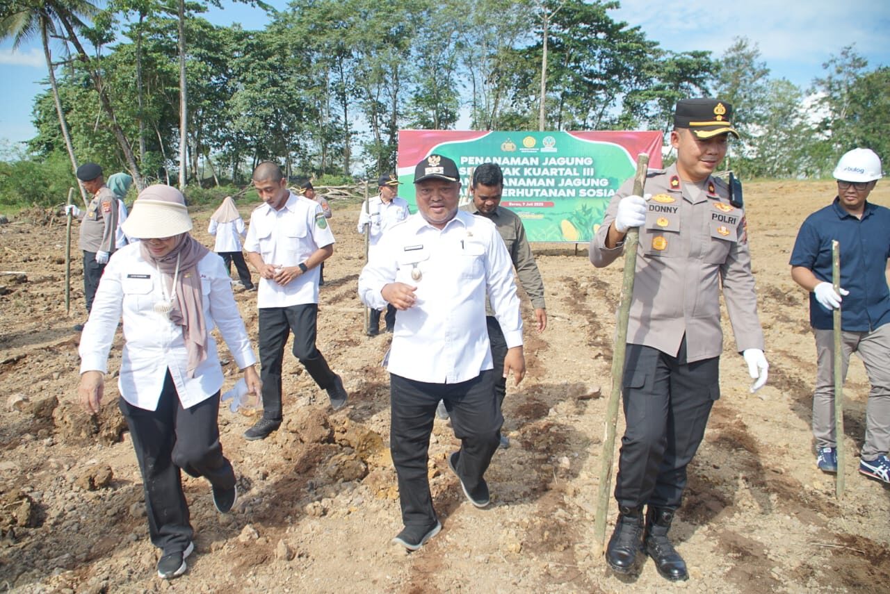 Wakil Bupati Berau, Gamalis, ditemani Wakapolres Berau, Kompol Donny Dwija Romansa, menanam bibit jagung di Kembang Mapan Site Binungan PT Berau Coal. (Humas)