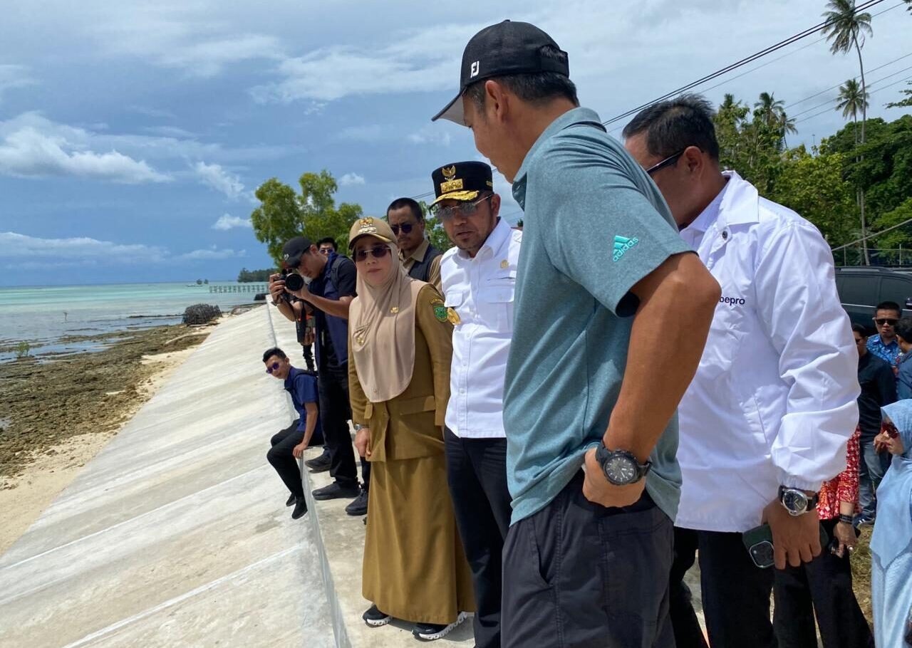 Gubernur Kaltim, Rudy Mas'ud, ditemani Wagub Seno Aji dan Bupati Berau, Sri Juniarsih, memantau langsung dinding pemecah ombak di Kampung Teluk Sulaiman, Kecamatan Biduk-Biduk, Selasa (15/7/2025). (Sulaiman/BT)
