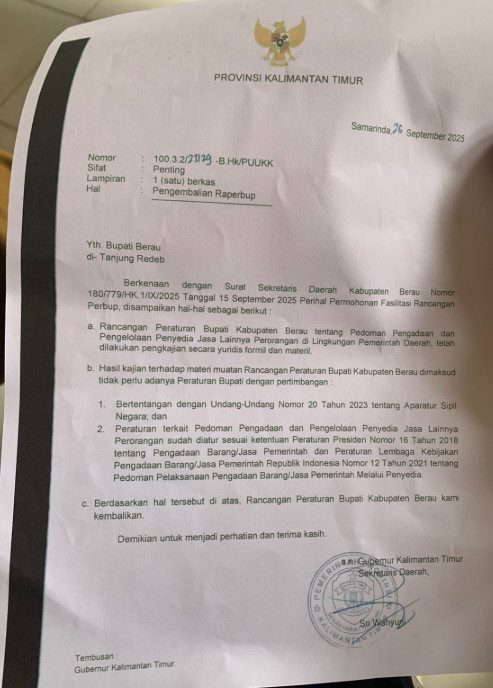 Surat balasan Pemprov Kaltim soal Raperbup Berau (Ist)