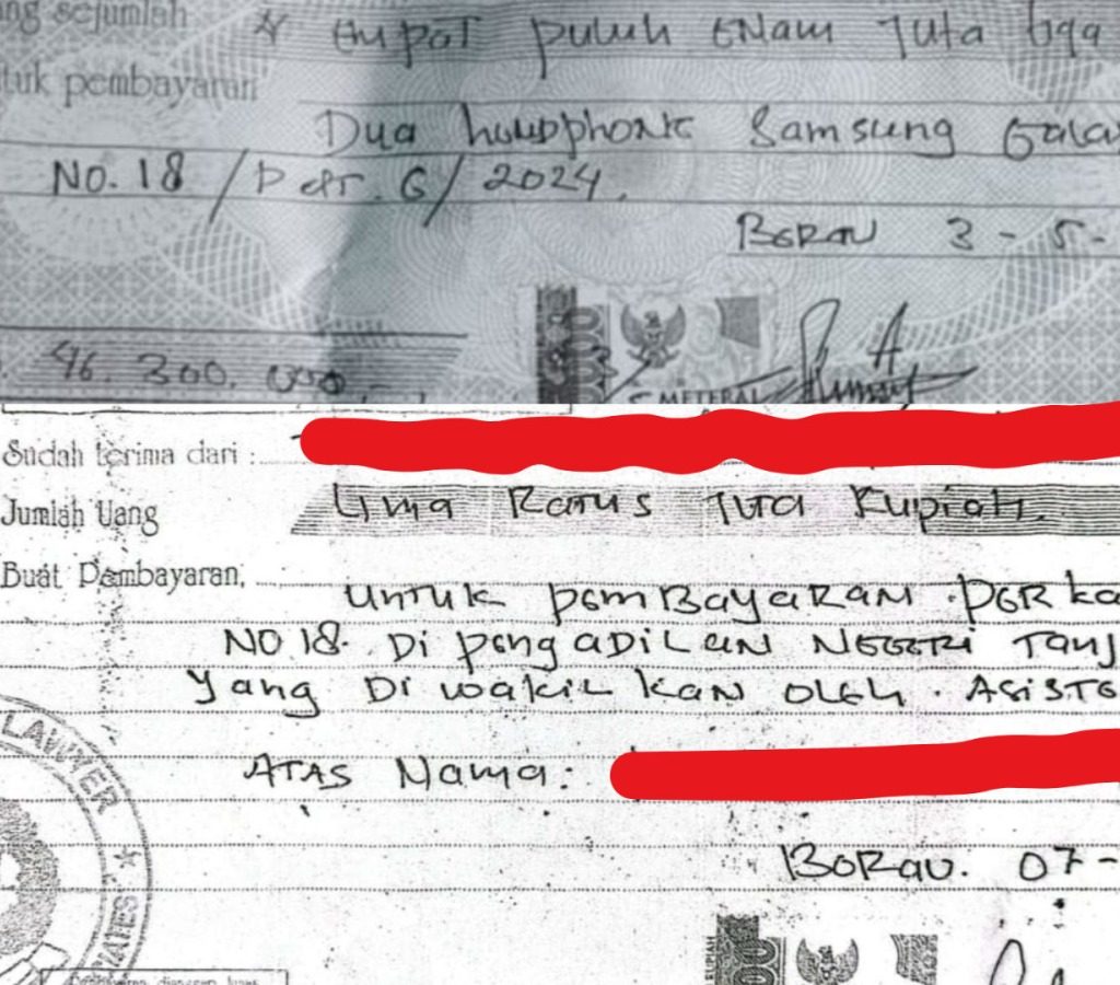 Kuitansi yang diduga sebagai alat bukti transaksi suap Perkara Nomor 18.