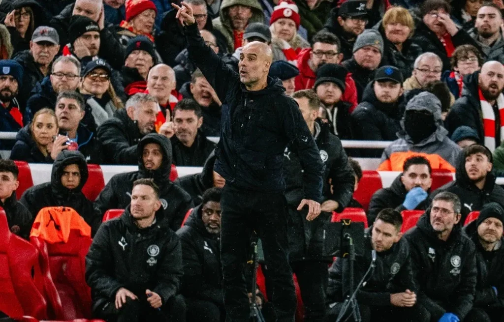 Pep Guardiola di laga Liga Inggris Liverpool vs Manchester City (X/@ManCity)