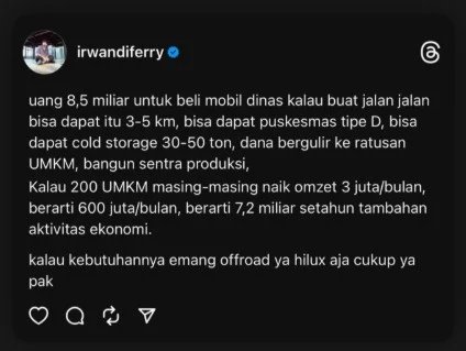 Cuitan Ferry Irwandi di akun threads miliknya. (IG: @irwandiferry)