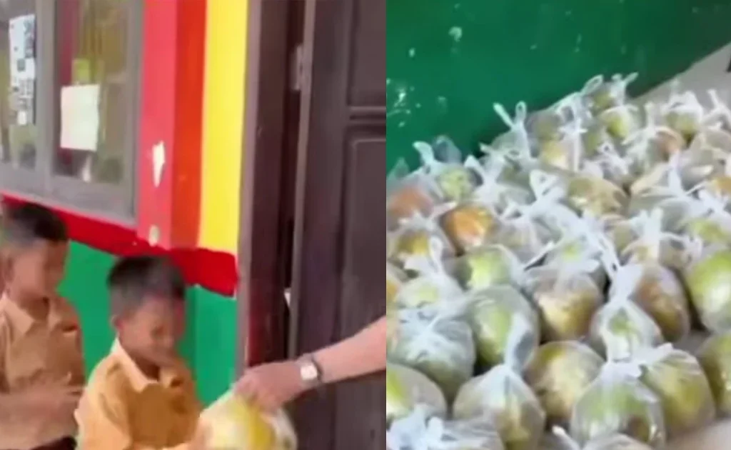 Viral video murid di Bontang Kaltim terima menu MBG berupa buah kelapa (Facebook/@n*********1)
