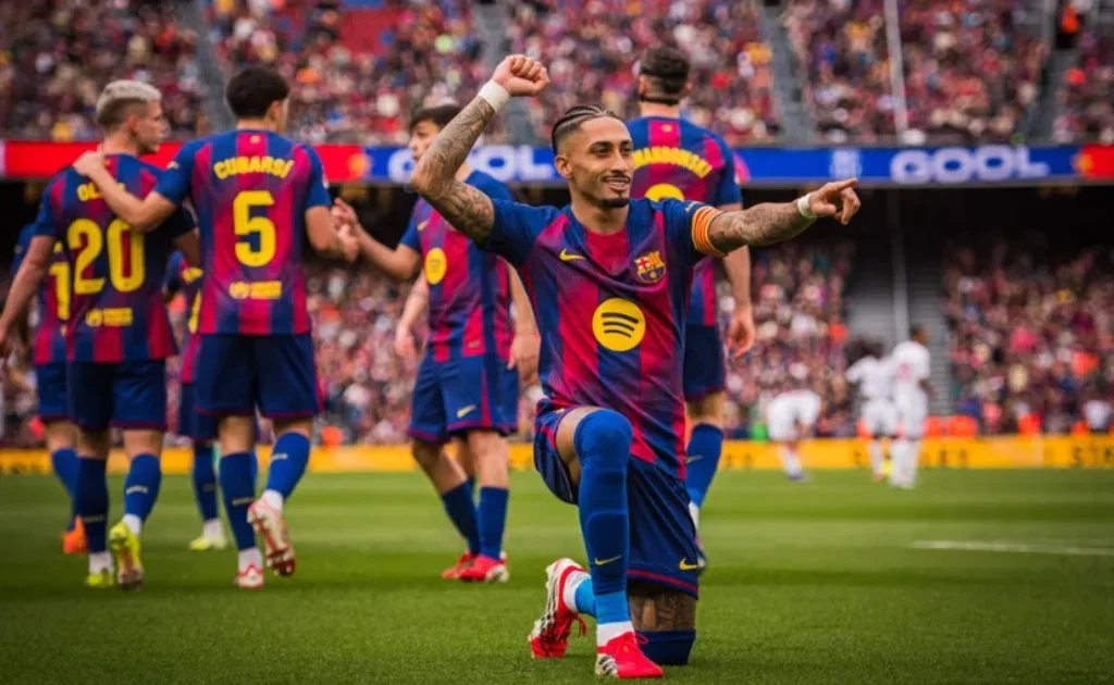 Selebrasi penyerang sayap Barcelona, Rapinha. (fcbarcelona)