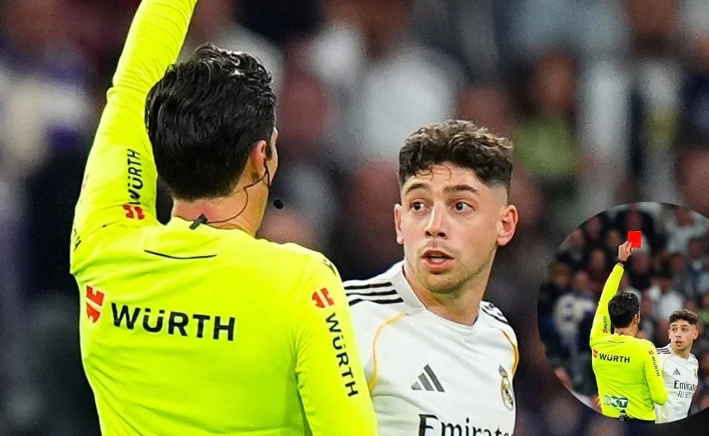 Ekspresi Kapten Real Madrid Federico Valverde diganjar kartu merah. (X/@MadridUniversal)