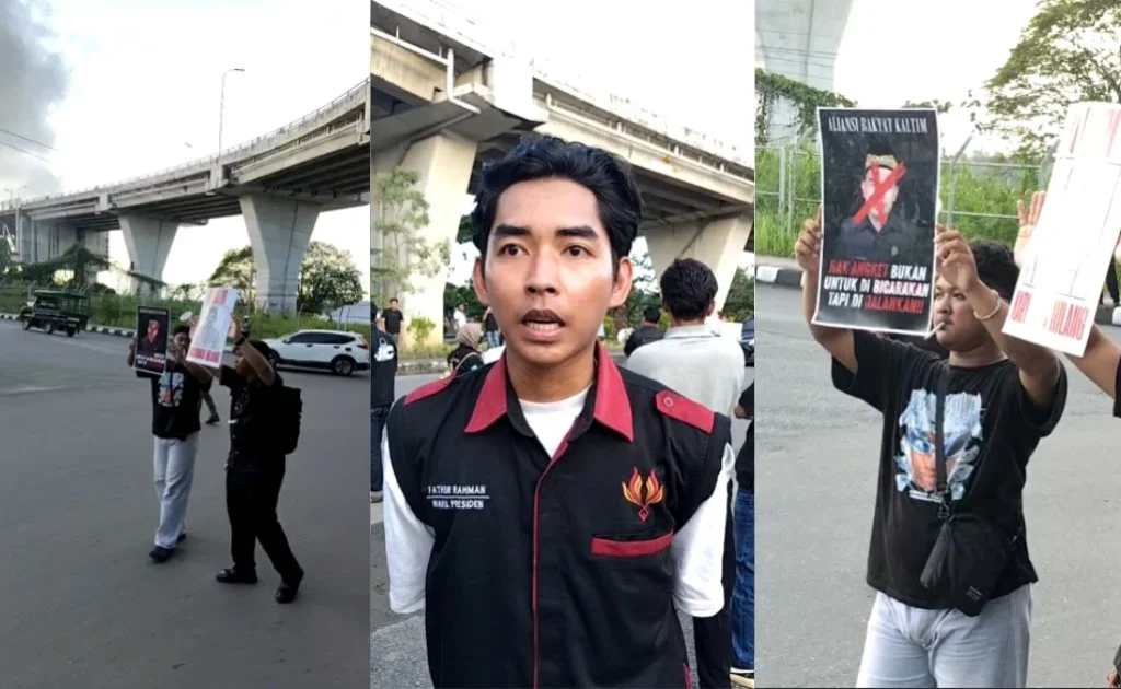 Tangkapan layar sksi mahasiswa dari Aliansi Rakyat Kaltim di simpang menuju jembatan Mahakam Samarinda. (tribun kaltim)