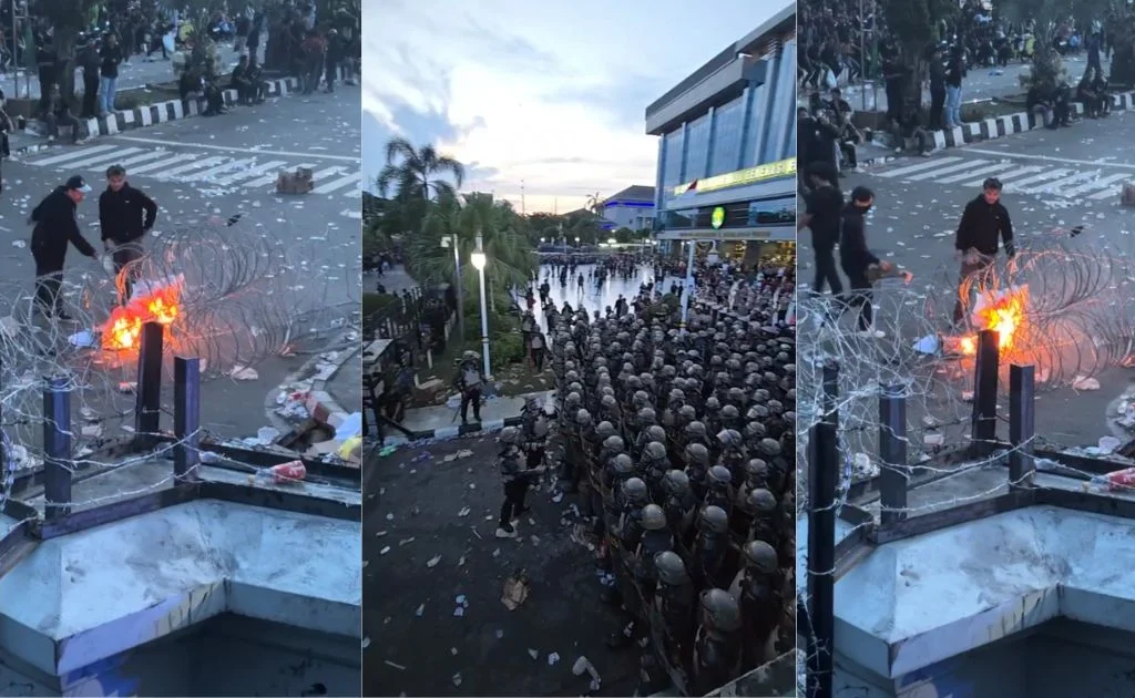 Aparat kepolisian yang bersiaga membubarkan massa aksi Aliansi Perjuangan Masyarakat Kaltim. (facebook/akurasi)