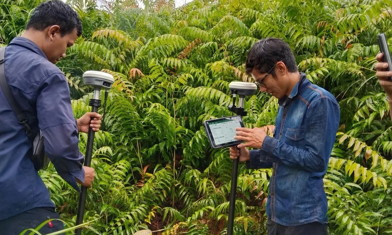 Tim PLN UIP KLT dan BPN Berau di lokasi tapak tower SUTT 150 kV Berau. Kegiatan pengukuran dan pemetaan ini merupakan upaya bersama dalam mengamankan legalitas infrastruktur ketenagalistrikan.
