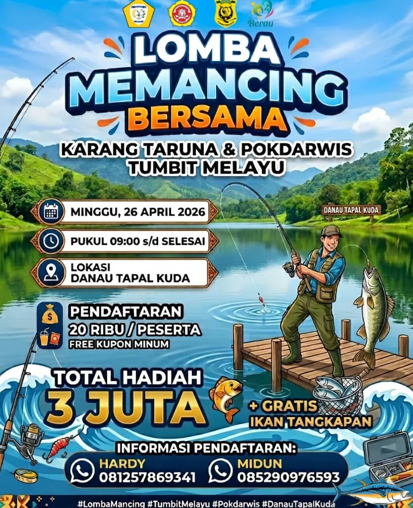 Lomba memancing di Danau Tapal Kuda, Kampung Tumbit Melayu, dijadwalkan berlangsung, Minggu (26/4/2026).