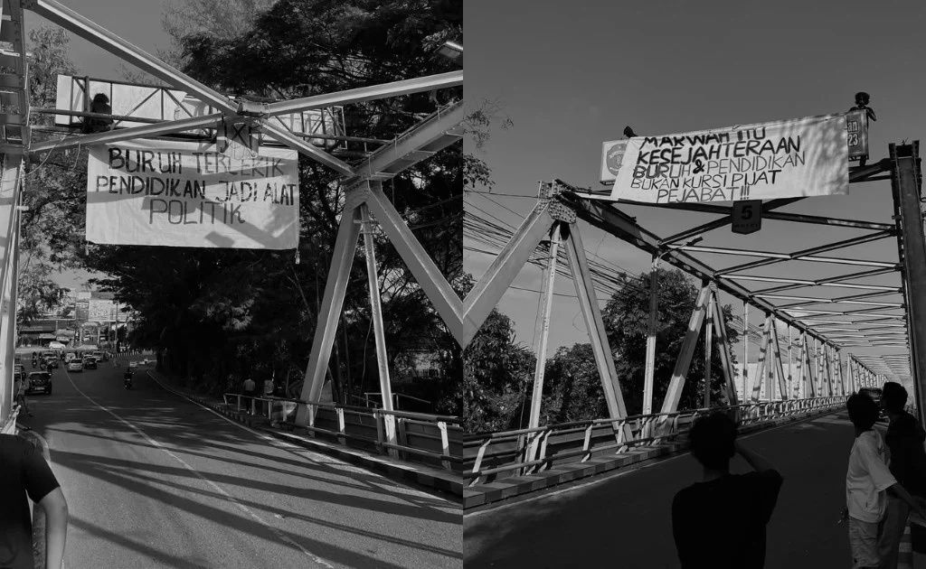 Pemasangan spanduk yang bertuliskan kritik terhadap pemerintah di jembatan Mahakam Samarinda. (instagram/@mahasiswamelawan.co)