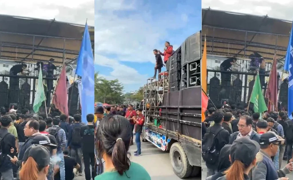 Massa aksi melakukan aksi demontrasi di depan kantor DPRD Kaltim, Karang Paci. (facebook/tribun kaltim)