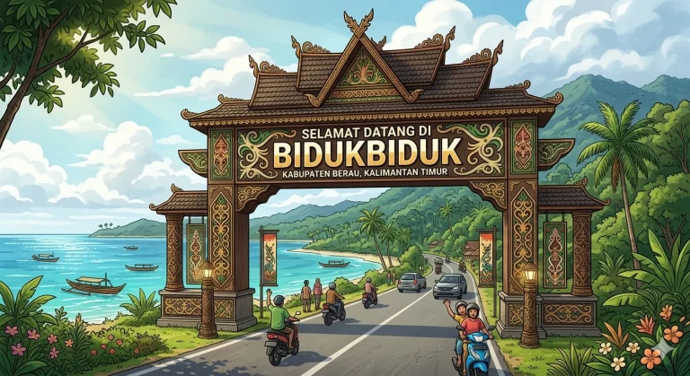 Ilustrasi gapura megah "Selamat Datang Bidukbiduk". (Gemini AI)