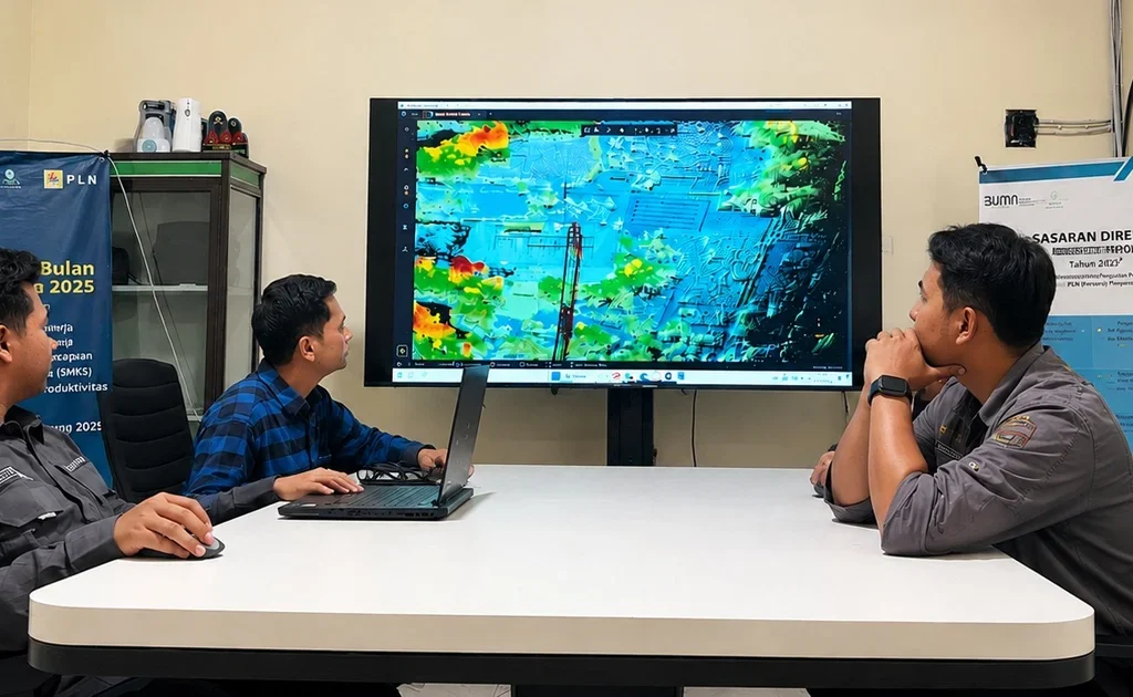 Tim PLN bersama mitra melakukan pembahasan dan analisis pemetaan topografi jalur transmisi SUTT 150 kV GI Tanjung Redeb – PLTG Kaltim/Kaltara guna mendukung penyusunan perencanaan teknis yang akurat dan terintegrasi.