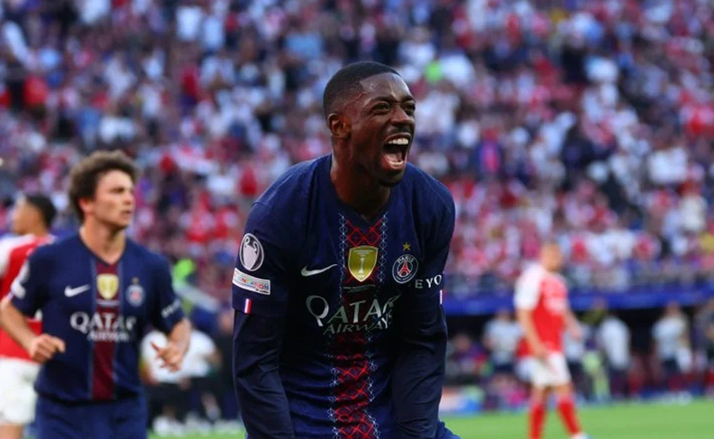 Selebrasi gol Ousmane Dembele usai cetak gol penalti di Final Champions League PSG vs Arsenal (X/@PSG_inside)