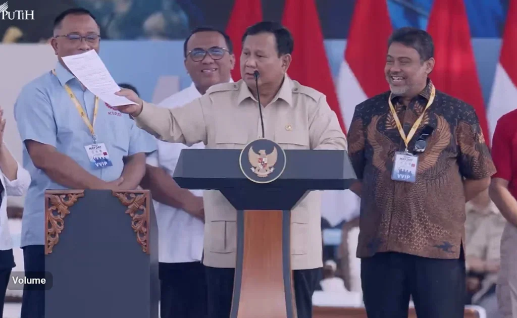 Presiden Prabowo di hari buruh atau May Day (YouTube/BPMI Setpres)