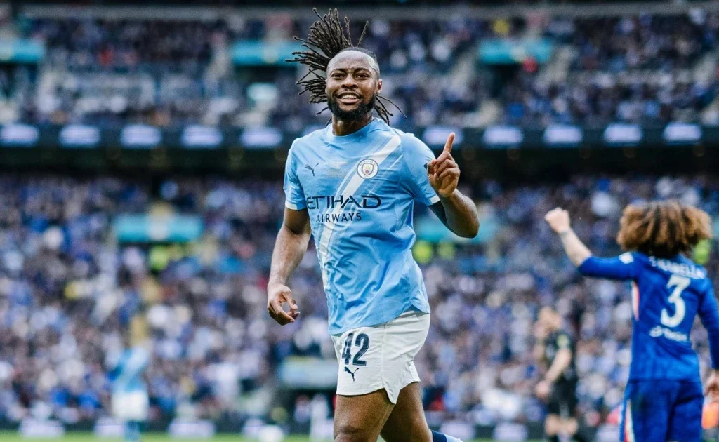 Antoine Semenyo saat cetak gol lawan Chelsea di final FA Cup (mancity.com)