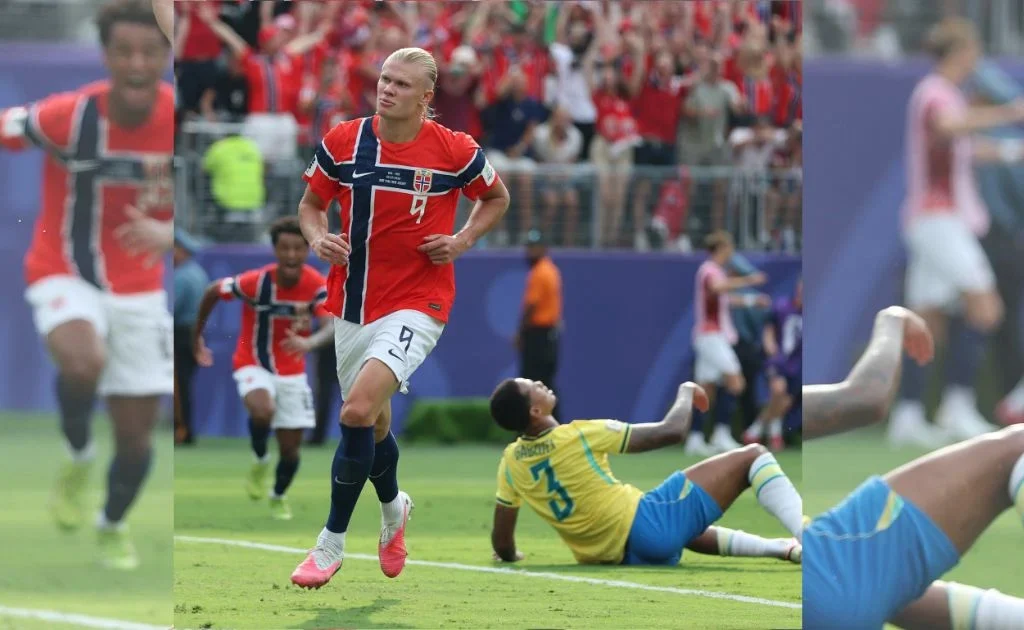Momen Erling Haaland membobol gawang Brasil di Piala Dunia 2026. (x/@Vrilzynski)