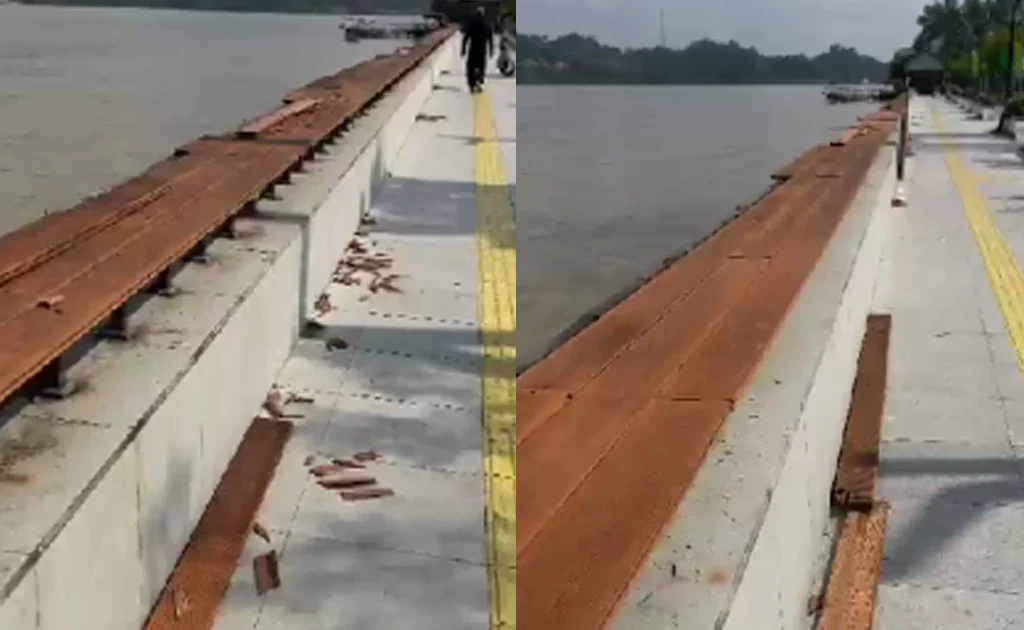Kondisi turap Tepian Ahmad Yani, Tanjung Redeb, Berau usai terserempet oleh kapal logistik (Ist)