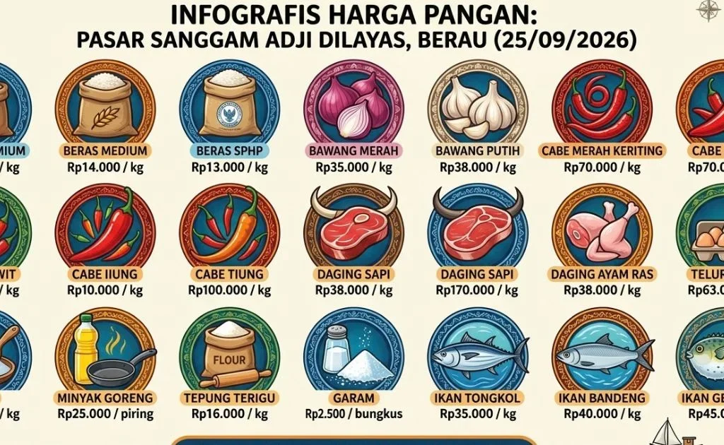 Grafis harga eceran pangan pokok di Pasar Sanggam Adji Dilayas, Berau. (AI Gemini)