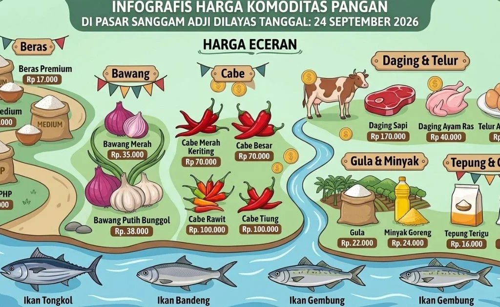 Ilustrasi harga pangan pokok di Pasar Sanggam Adji Dilayas. (AI Gemini)