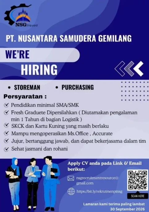 Syarat lowongan pekerjaan di PT Nusantara Samudera Gemilang (NSG). (instagram/@disnakertrans_beraukab)