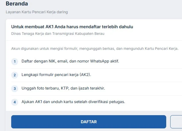 Tampilan depan web pendaftaran kartu AK-1. (Disnakertrans Berau)