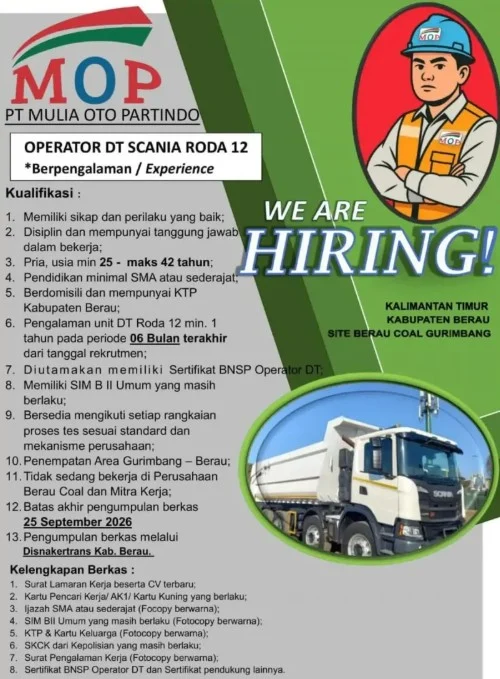 Syarat lowongan pekerjaan oleh PT MOP. (instagram/@disnakertrans_beraukab)