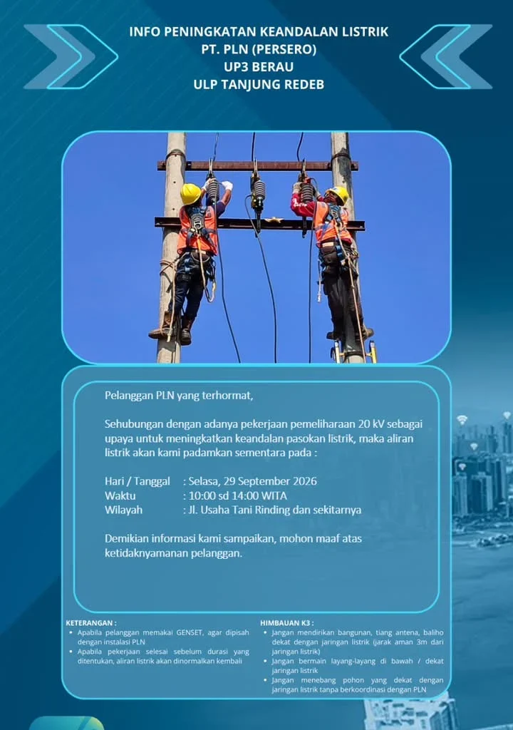 Pengumuman pemadaman listrik oleh PLN ULP Tanjung Redeb. (WA Channels/PLN ULP Tanjung Redeb)