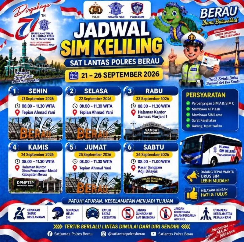 Jadwal SIM Keliling Satlantas Polres Berau sepekan ke depan. (instagram/@satlantas_polres_berau)