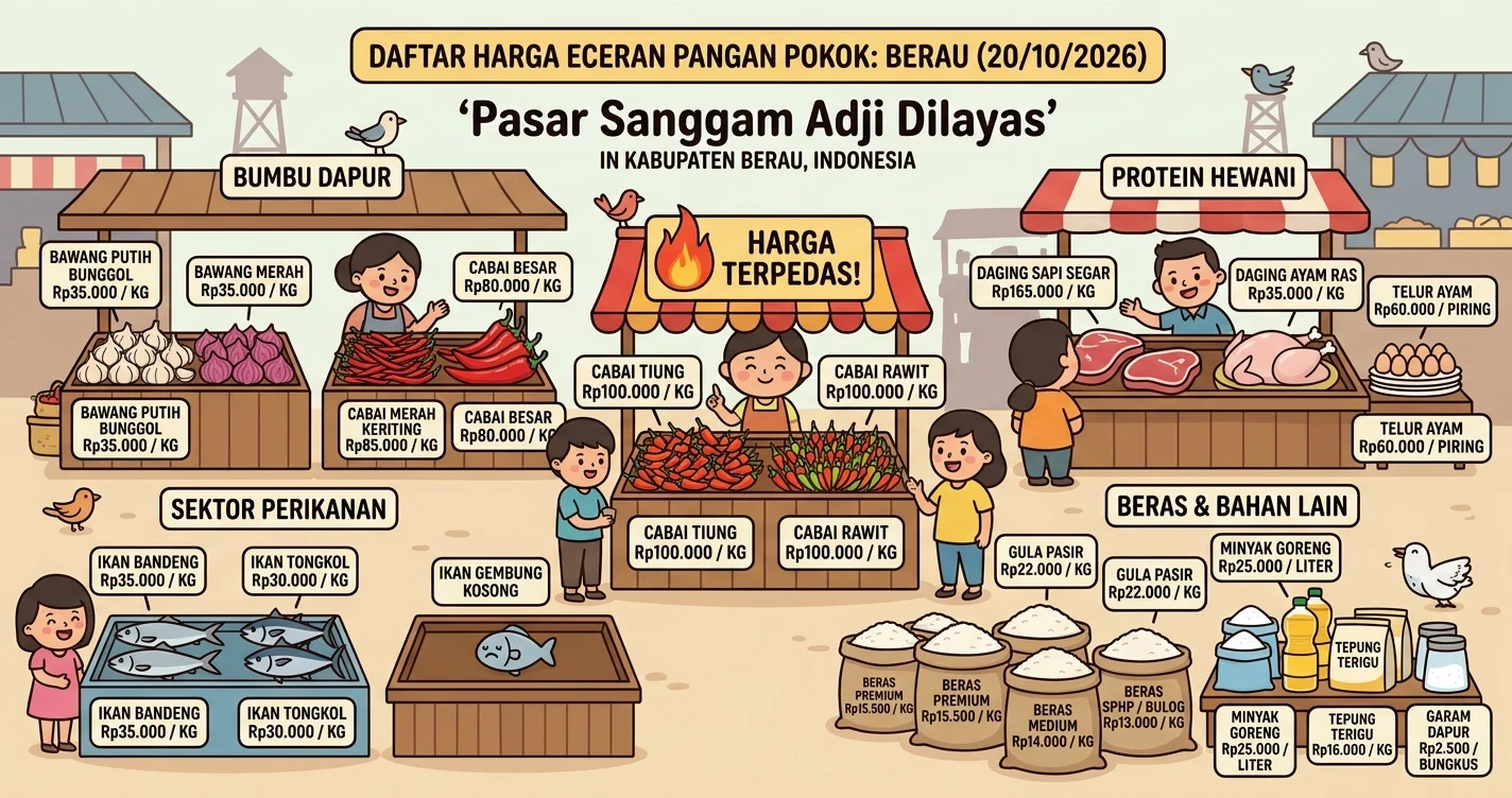 Harga pangan pokok di pasar Sanggam Berau. (AI Gemini)