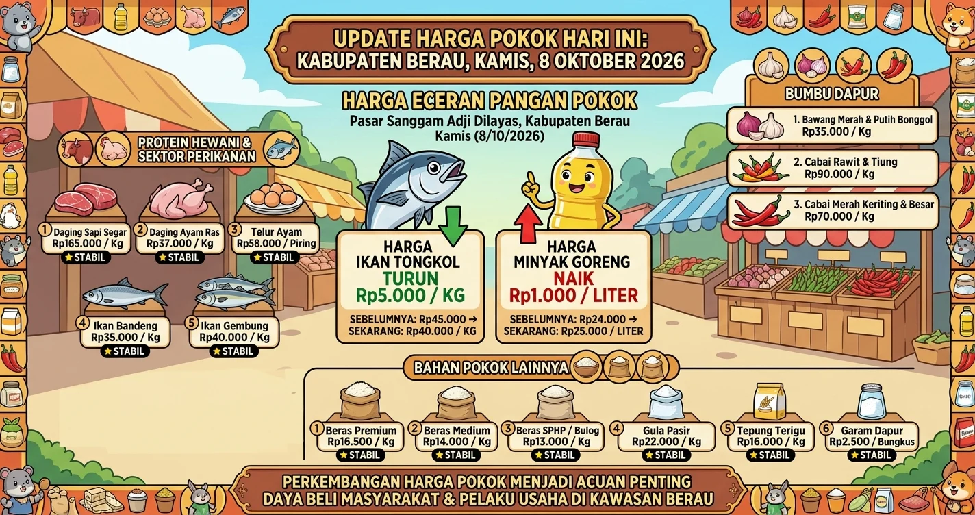 Harga pangan pokok di Pasar Sanggam Adji Dilayas Berau hari ini. (AI Gemini)