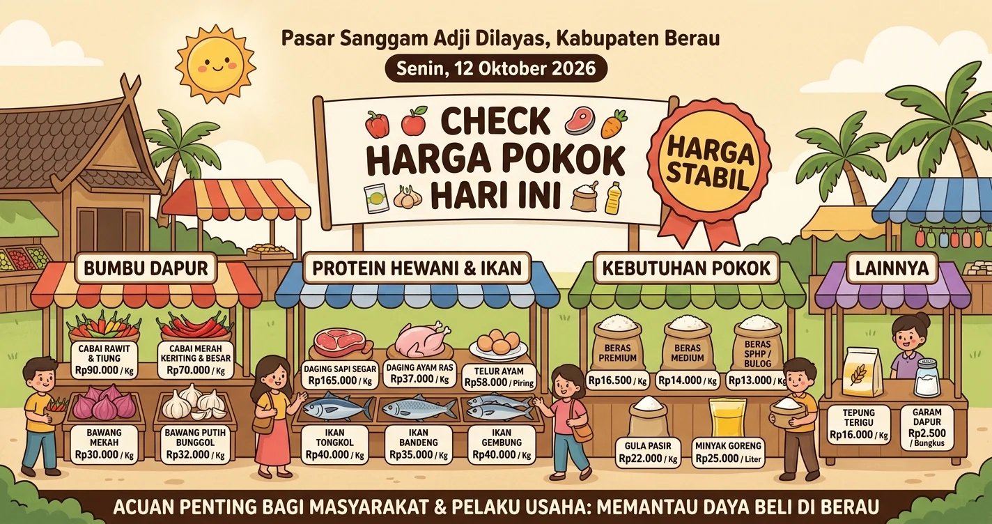 Daftar harga pangan pokok di Pasar Sanggam Berau hari ini. (AI Gemini)