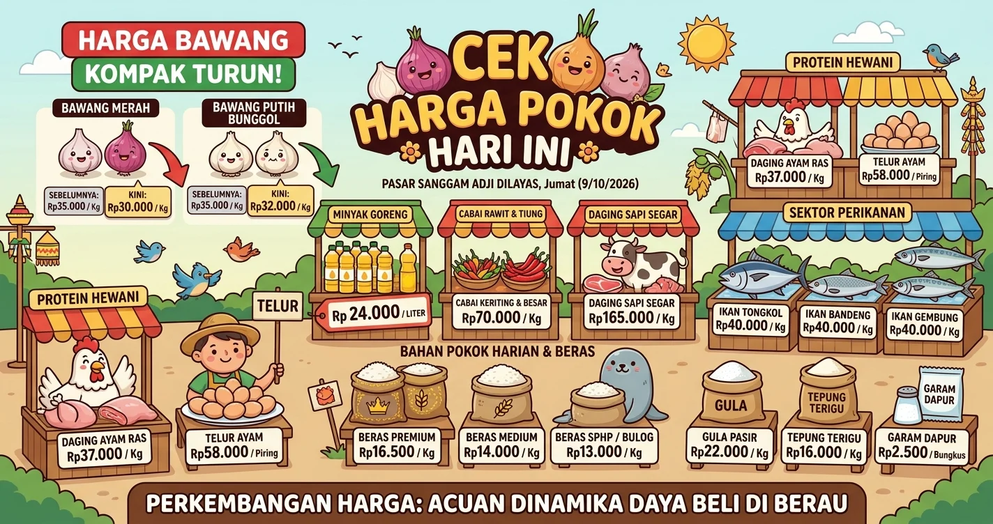 Harga bahan pangan pokok di Pasar Sanggam Berau hari ini. (AI Gemini)