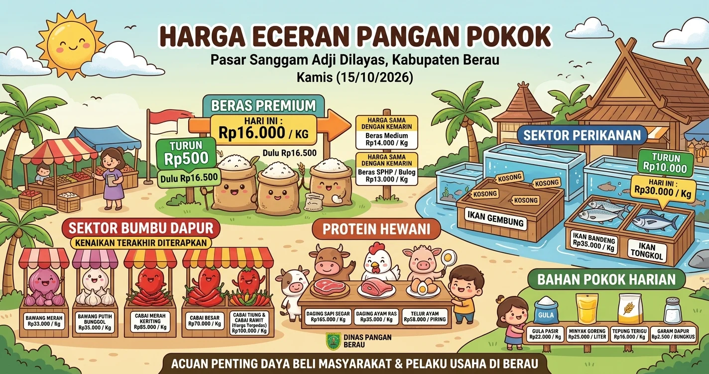 Harga pangan pokok di Pasar Sanggam Berau. (AI Gemini)
