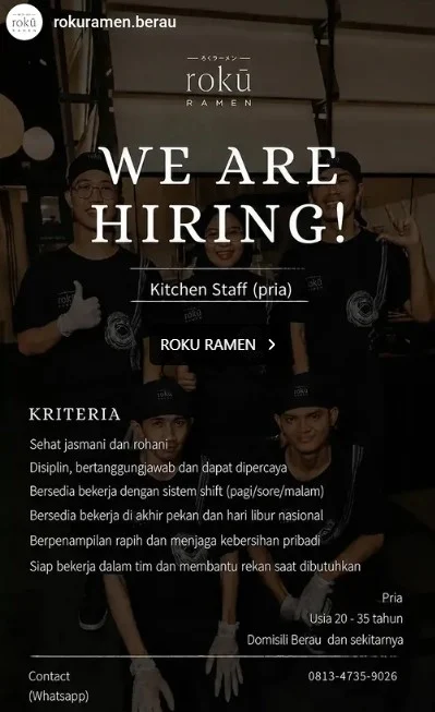 Syarat lowongan kerja di Roku Ramen. (IG: @rokuramen.berau)