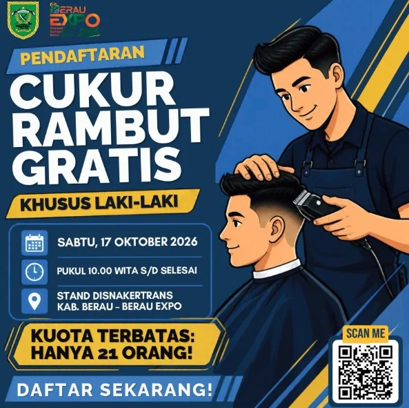 Program cukur gratis Disnakertrans Berau di Berau EXPO 2026. (IG: @disnakertrans_beraukab)