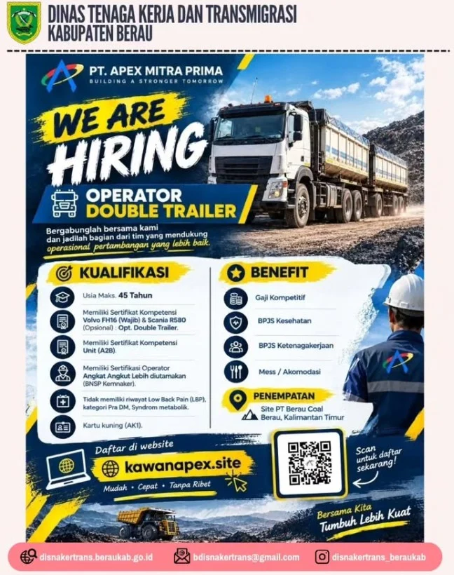 Pengumuman pembukaan lowongan kerja oleh Disnakertrans Berau. (IG: @disnkertrans_beraukab)