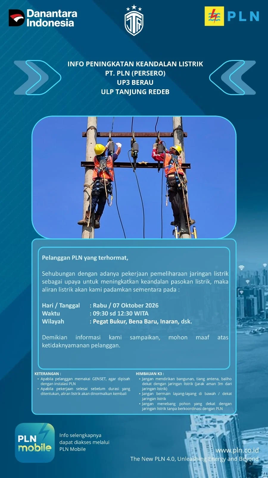 Pengumuman pemadaman listrik oleh PLN ULP Tanjung Redeb. (PLN Berau)