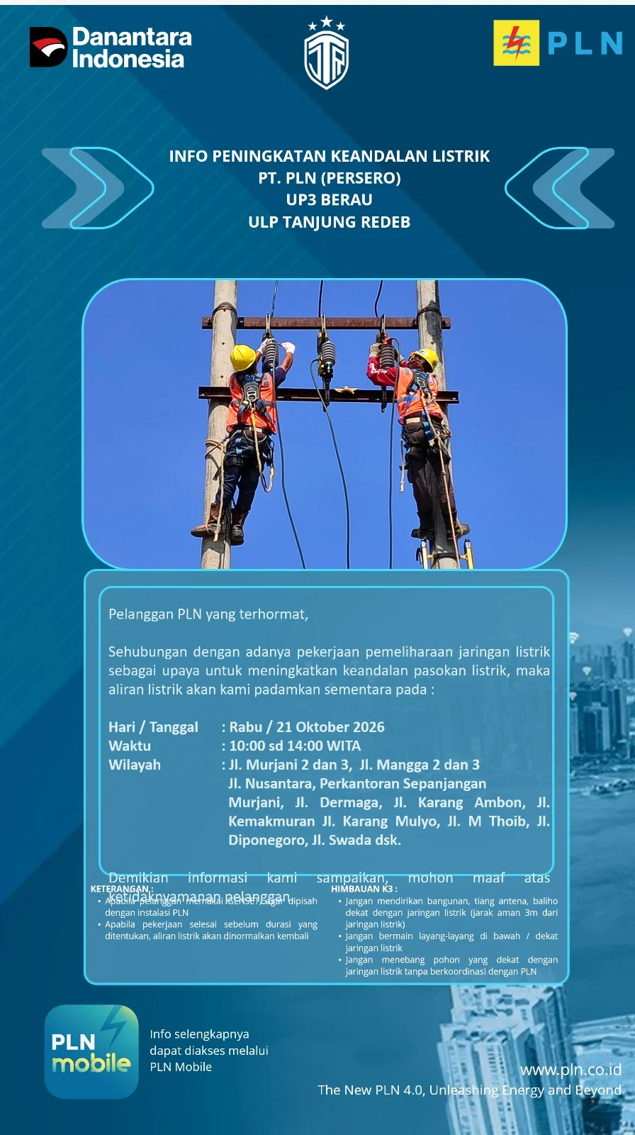 Pengumuman pemadaman listrik sementara oleh PLN Berau. (WA Channels ULP PLN Tanjung Redeb)